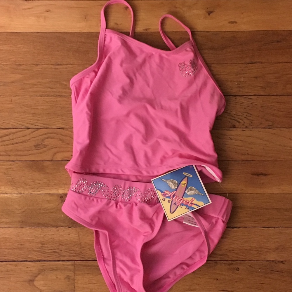 Girl's Angel Beach Pink Bikini with Faux Gem Heart Design- Size 12-NWT